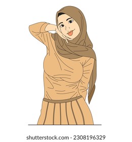 Beautiful Muslim woman in a hijab.  White background . woman with beautiful dress style . Avatar of a young Muslim woman. Cartoon color flat style. White background. Vector stock illustration.