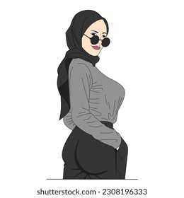 Beautiful Muslim woman in a hijab.  White background . woman with beautiful dress style . Avatar of a young Muslim woman. Cartoon color flat style. White background. Vector stock illustration.