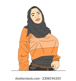 Beautiful Muslim woman in a hijab.  White background . woman with beautiful dress style . Avatar of a young Muslim woman. Cartoon color flat style. White background. Vector stock illustration.
