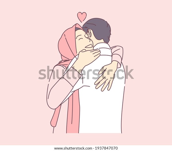 a beautiful muslim woman hugging a man with happy smile, vector hand drawn illustration, can use for, landing page, template, ui, web, homepage, poster, banner, flyer
