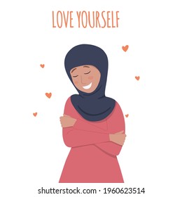 Beautiful Muslim woman hugs herself. Self-love concept.
