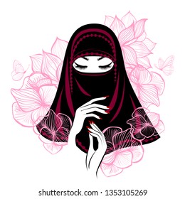 Beautiful Muslim Woman with lush eyelashes in niqab, beautiful hands, flowers background. Vector illustration.