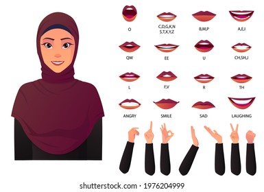 Beautiful Muslim woman mouth animation and lip-sync creation with Hand Gestures Premium Vector.