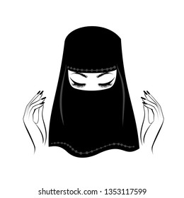 Beautiful Muslim Woman in niqab, eyelash extensions, hands with manicure nails, traditional dress. Vector illustration.