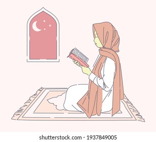 beautiful muslim woman reading holy quran on praying mat vector hand drawn illustration, happy girl wearing hijab praying at the night, can use for, landing page, ui, web, poster, banner, flyer