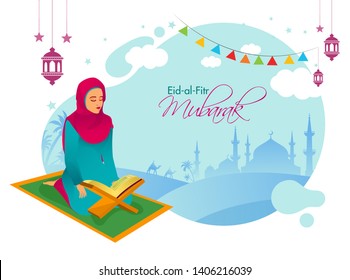 Beautiful muslim woman reading quran with silhouette mosque on desert view for Eid Mubarak celebration. Can be used as banner or poster design.