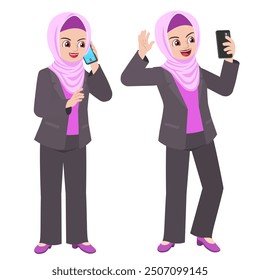 Beautiful Muslim woman wearing hijab in formal business suit holding mobile phone and talk to the phone cartoon vector design illustration