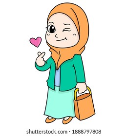 beautiful Muslim women dress neatly and elegantly, character cute doodle draw. vector illustration