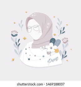 Beautiful Muslim Women Wearing Hijab Illustration. Cute Little Girl With Floral Wreath Character