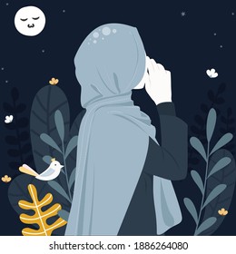 Beautiful Muslim Women Wearing Hijab Illustration. Cute Little Girl With Floral Wreath Character