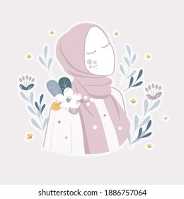 Beautiful Muslim women wearing hijab illustration. cute little girl with floral wreath character