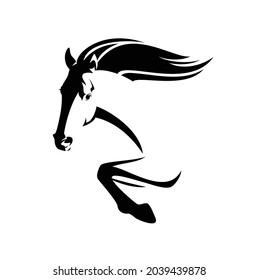 beautiful mustang horse jumping forward - speeding stallion side view black and white vector head and legs portrait