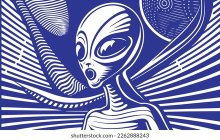 Beautiful and mysterious linocut art of an alien made for print digital art