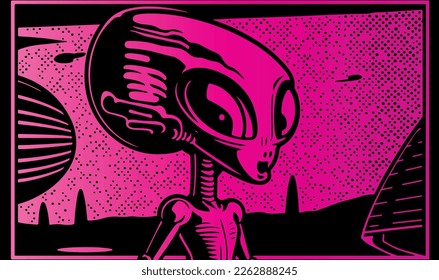 Beautiful and mysterious linocut art of an alien made for print digital art