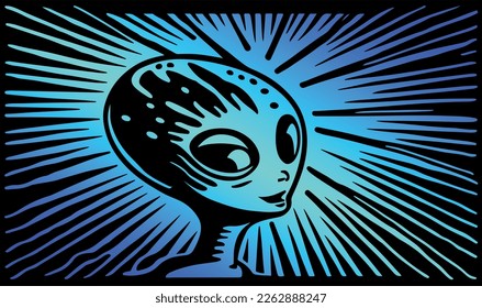 Beautiful and mysterious linocut art of an alien made for print digital art