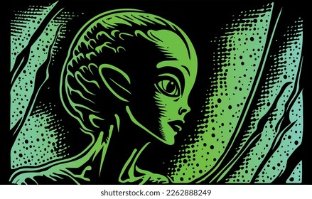 Beautiful and mysterious linocut art of an alien made for print digital art