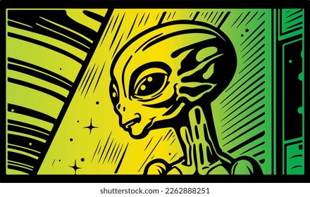 Beautiful and mysterious linocut art of an alien made for print digital art