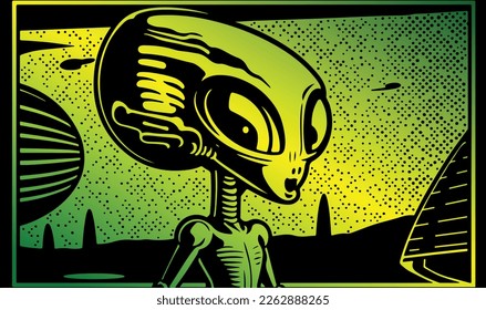 Beautiful and mysterious linocut art of an alien made for print digital art