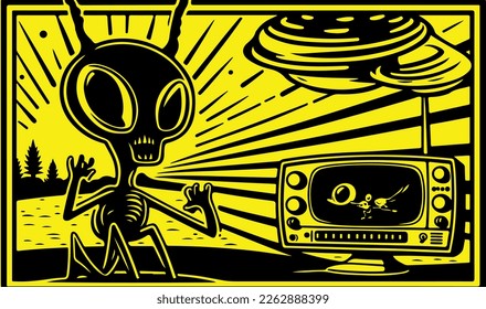Beautiful and mysterious linocut art of an alien made for print digital art