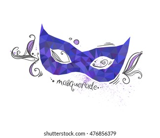 Beautiful mysterious violet carnival mask. Doodle elements. The inscription "masquerade". Beautiful graphic element for your design. 