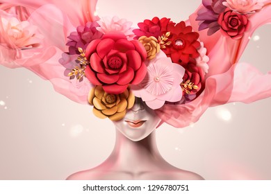 Beautiful and mysterious woman with paper flowers headwear and flying chiffon in 3d illustration