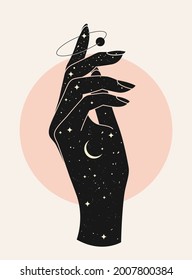 Beautiful mystic woman hand silhouette with night starry sky texture on light background. Vector illustration