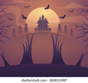 
beautiful mystical background suitable for the holiday of halloween: trees, bats and a castle on the background of the moon