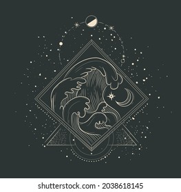 
beautiful mystical illustration esotericism astrology yoga vedas cosmos universe on a dark background