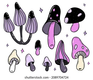 beautiful Mystical mushrooms. Isolated set magic witchcraft esoteric mushrooms. vector illustration. Isolated elements for decor, design, decoration and printing