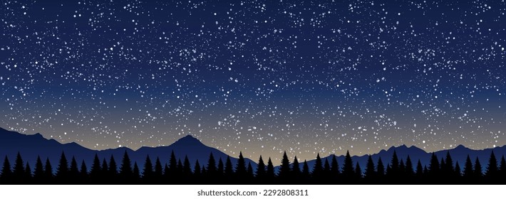 Beautiful mystical night landscape with a starry blue sky in the forest, summer dawn. Banner for tourism, travel, astrology. Vector illustration.