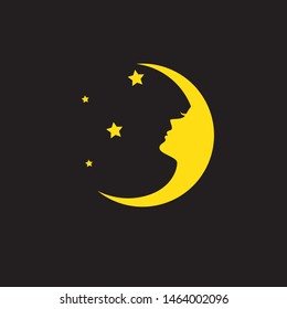 A beautiful and mystical vector logo featuring a yellow crescent moon with the elegant profile of a woman's face integrated into its inner curve. The design is accompanied by four shining stars of varying sizes against a solid black background. This celestial emblem perfectly captures the essence of dreams, nighttime, beauty, motherhood, and spiritual wellness. Ideal for beauty salons, spa services, sleep clinics, luxury jewelry brands, and mystical coaching.