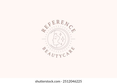 Bela mitologia mulher rosto com crescente e estrelas linha arte logotipo modelo vetor ilustração. Sonho bruxa sagrado retrato feminino logotipo para cuidado de pele orgânica creme marca cosmética