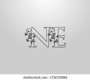 Beautiful N, E and NE Letter logo. Graceful Floral Flower Alphabet Mark for book design, letter stamp, weeding card, Restaurant, Boutique, Hotel. 