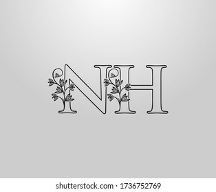 Beautiful N, H and NH Letter logo. Graceful Floral Flower Alphabet Mark for book design, letter stamp, weeding card, Restaurant, Boutique, Hotel. 