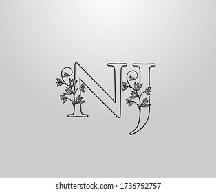 Beautiful N, J and NJ Letter logo. Graceful Floral Flower Alphabet Mark for book design, letter stamp, weeding card, Restaurant, Boutique, Hotel. 