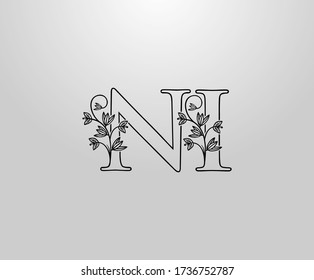Beautiful N, I and NI Letter logo. Graceful Floral Flower Alphabet Mark for book design, letter stamp, weeding card, Restaurant, Boutique, Hotel. 