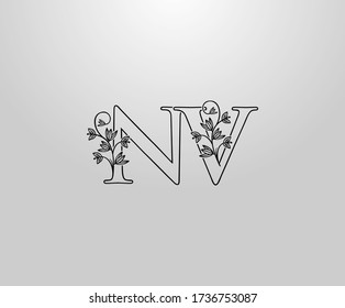 Beautiful N, V and NV Letter logo. Graceful Floral Flower Alphabet Mark for book design, letter stamp, weeding card, Restaurant, Boutique, Hotel. 