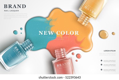 Beautiful nail lacquer ads, top view of colorful nail polish splatter on white background, 3d illustration, vogue ads for design