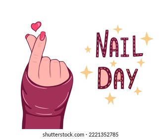 Beautiful nails, female hands, heart shape fingers, nail day. Vector Illustration for backgrounds and packaging. Image can be used for greeting card, poster and sticker. Isolated on white background.