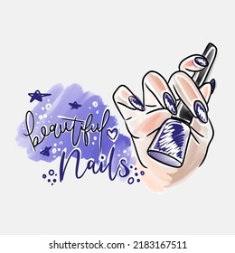 Beautiful nails, handwritten inscription, hand with long nails, holds nail polish, fashion, stylish manicure