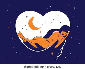 Beautiful Naked Woman Sleeping In Night Sky Hands. Sweet Dream Vector Illustration. Healthy Sleep, Self Or Body Care. Nude Female Figure In Love Embrace Of Universe. Stars, Crescent Moon, Heart Shape 