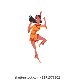 Beautiful native American Indian girl dancing, young woman in traditional ethnic clothes and headband with feather vector Illustration