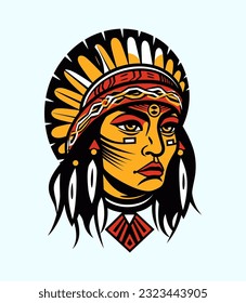 A beautiful Native American Indian girl head vector clip art illustration, celebrating the strength and grace of indigenous women, perfect for empowering designs and cultural projects