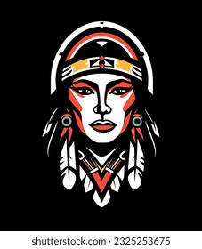 A beautiful Native American Indian girl head vector clip art illustration, celebrating the strength and grace of indigenous women, perfect for empowering designs and cultural projects