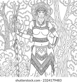 Beautiful Native American Indian woman in the forest. Adult coloring book page with intricate ornament.