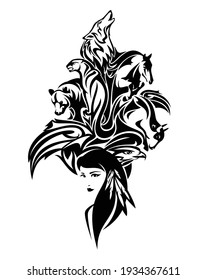 beautiful native american woman with long hair and tribal animal spirits - black and white vector design of indian nature unity concept