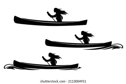 beautiful native american woman rowing in traditional canoe - indian girl, pirogue boat and water wave  black vector silhouette design set