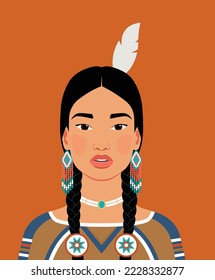 Beautiful Native American woman wearing traditional clothes and jewels, with her hair in pigtails Art representing the indigenous population. Flat cartoon vector portrait of a pretty character.