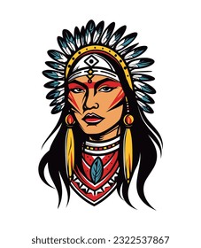 Beautiful native indian american girl head vector clip art illustration