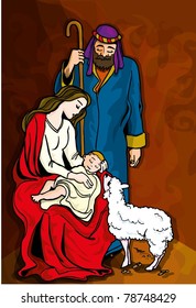 Beautiful Nativity Illustration. Mary, Joseph, baby Jesus and sheep